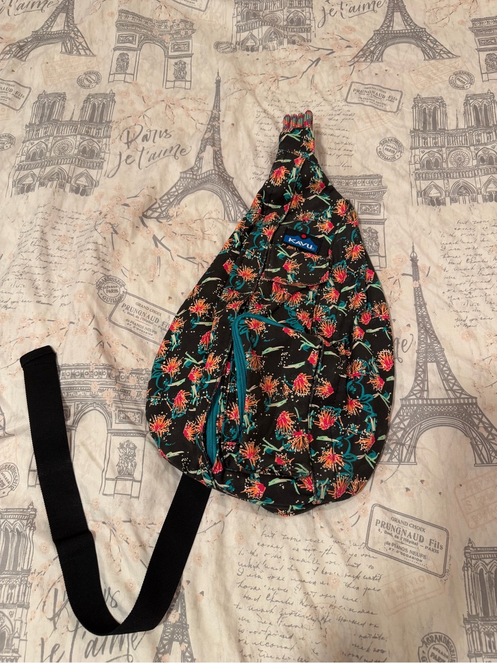 Kavu Black Floral Crossbody Sling with Teal Zipper